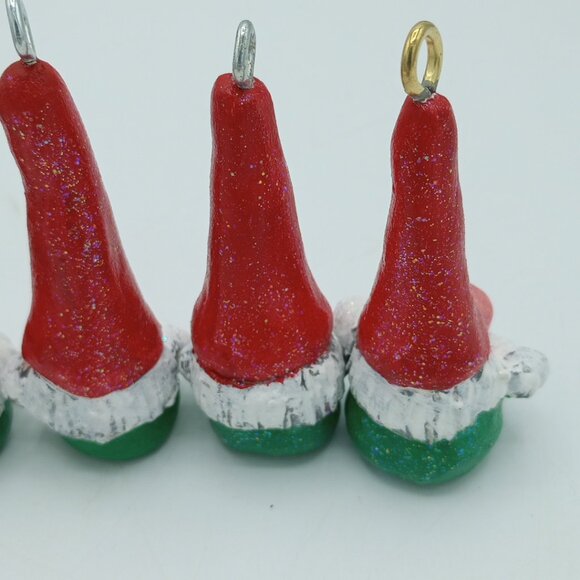 Red Chris Green Gnome Ornaments Christmas Pendant Handmade OOAK Folkart Set of 4 - Picture 7 of 8